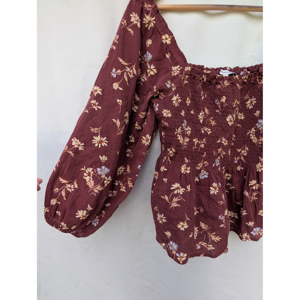 MADEWELL Smocked Peplum Top Womens 4 Burgundy Floral Cotton Puff Sleeve Cottage
